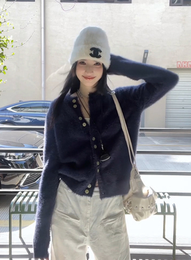 慵懒风紫色长袖针织开衫女早秋软糯奶fufu毛衣外套宽松短款上衣冬