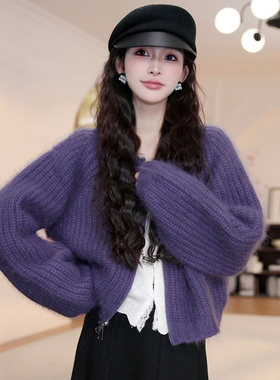 早秋韩系穿搭巨好看紫色拉链毛衣外套女2025新款秋季针织开衫上衣