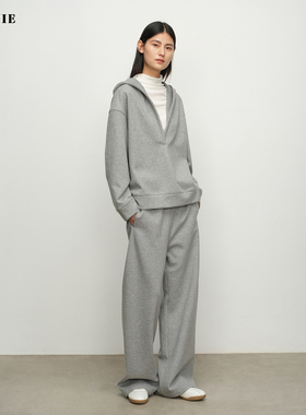 SILAVIE桑蚕丝+羽绒一体绒连帽大V领卫衣/极简休闲松紧直筒裤套装