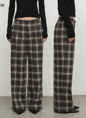 SILAVIE经典复古羊毛双色格子纹直筒裤时髦百搭宽松阔腿呢子裤