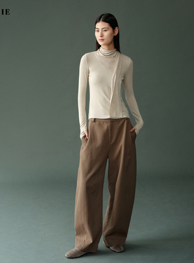 SILAVIE色织棉弧形立体裁切割弯刀长裤极简休闲直筒阔腿裤