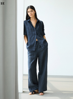 SILAVIE时髦老钱宽松廓形苎麻色织时尚设计感条纹衬衫裤子套装女