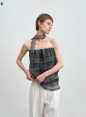 SILAVIE复古真丝格纹多样穿搭抽绳抹胸上衣直筒半裙带飘带春季女