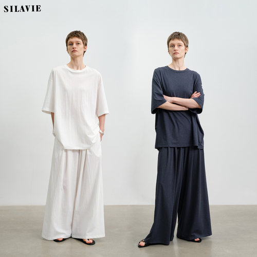 SILAVIE麻棉休闲套装舒适落肩T恤阔腿长裤半身裙松弛慵懒感女夏季