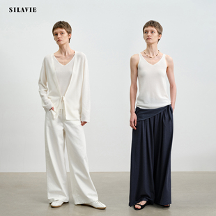 新款 SILAVIE 女春季 吊带套装 透气亲肤醋酸棉极简系带针织V领开衫