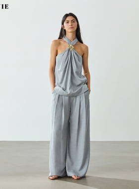 【高圆圆同款】SILAVIE独家定制棉羊毛交叉挂脖背心阔腿西裤套装