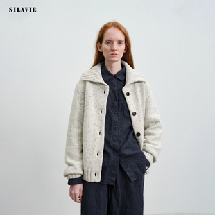 SILAVIE复古彩点羊毛粗纺高领翻领厚实针织衫开衫女2026新款春季