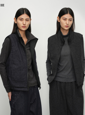 SILAVIE羊毛混纺/棉亚麻牛仔两面穿夹棉立领抽绳马甲