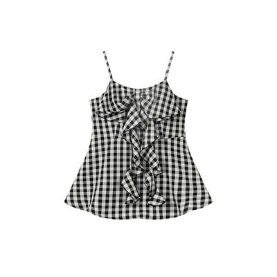 双天2025大码女装夏装时尚气质胖mm设计感格子蝴蝶结吊带上衣8827