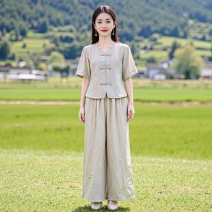 中老年女装气质显瘦两件套夏装时尚国风妈妈装短袖上衣阔腿裤套装