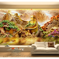 3d立体浮雕电视背景墙纸客厅8d中式招财山水风景画壁纸办公室壁画