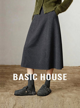Basic House/百家好灰色半身裙女冬季新款百搭通勤A字中长款裙子