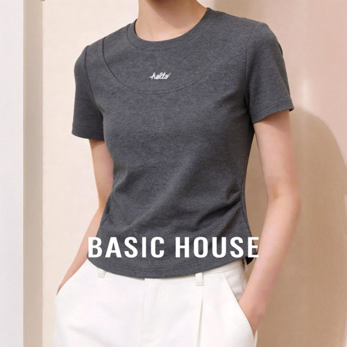 Basic House/百家好灰色字母正肩短袖T恤女修身显瘦百搭棉质上衣