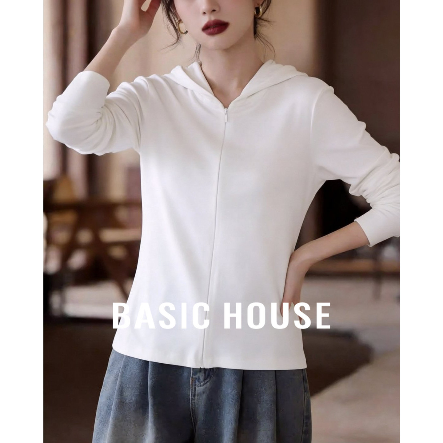 Basic House/百家好白色连帽拉链针织开衫女春季修身显瘦长袖上衣