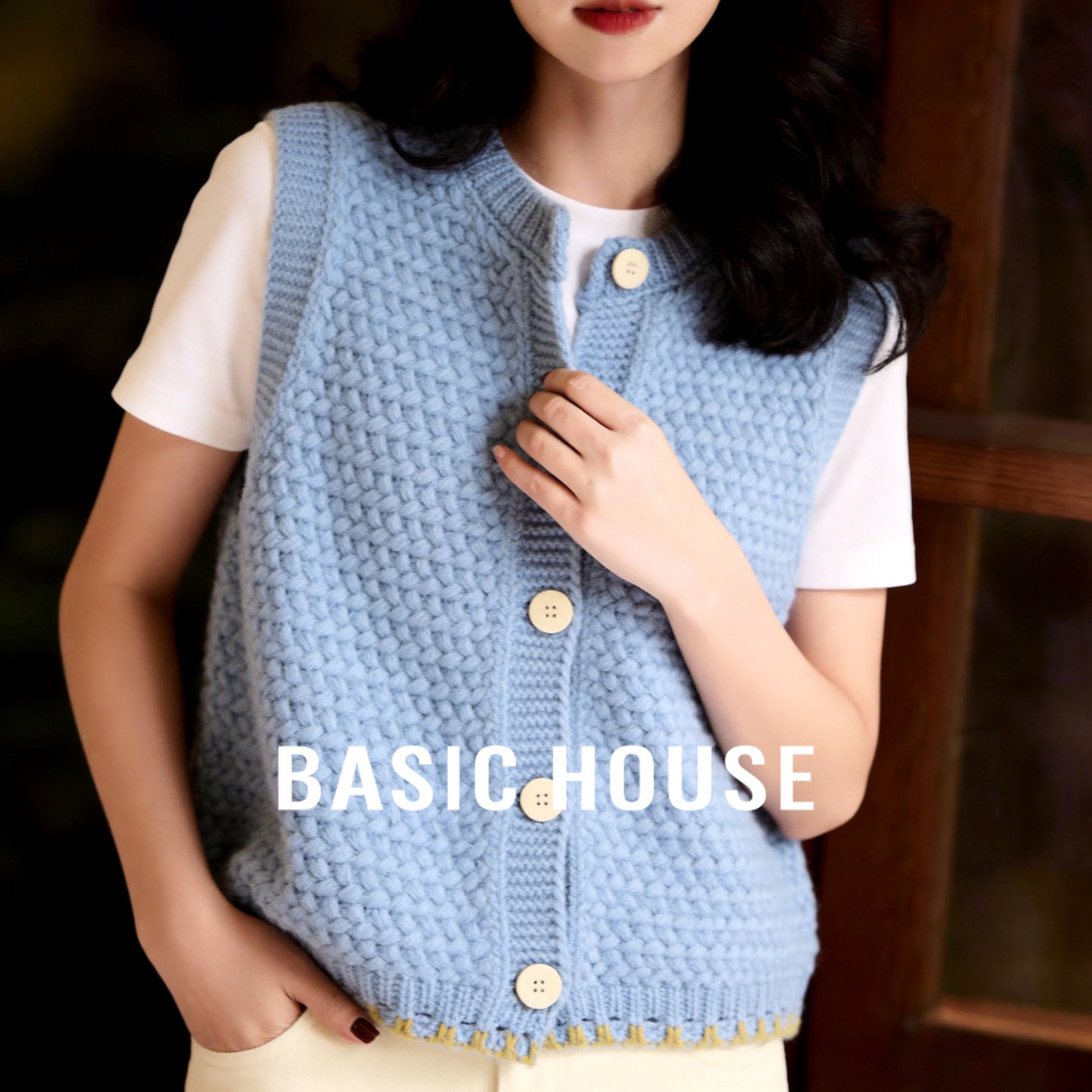 Basic House/百家好撞色肌理感针织马甲女春新款叠穿无袖开衫背心