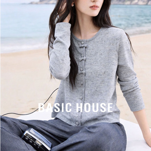 修身 Basic 女春季 百家好简约圆领纽扣针织开衫 显瘦毛衣外套 House
