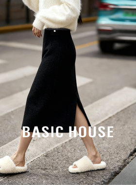 Basic House/百家好灰色羊毛呢半身裙女2025新款冬加厚A字裙长款
