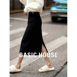 Basic House/百家好黑色毛呢半身裙女新款冬醋纤加厚A字裙长款裙