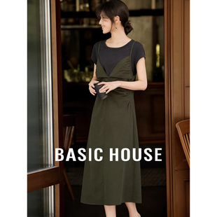 连衣裙夏季 百家好拼接假两件吊带短袖 收腰A字中长裙 House Basic