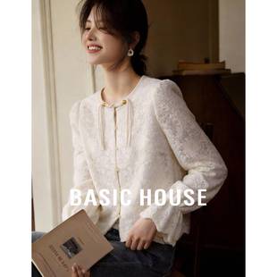 Basic House/百家好法式镂空雕花衬衫女花边喇叭袖开衫内搭衬衣