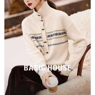 百家好牛角扣费尔岛半高领毛衣女2025冬季新款慵懒风针织开衫上衣