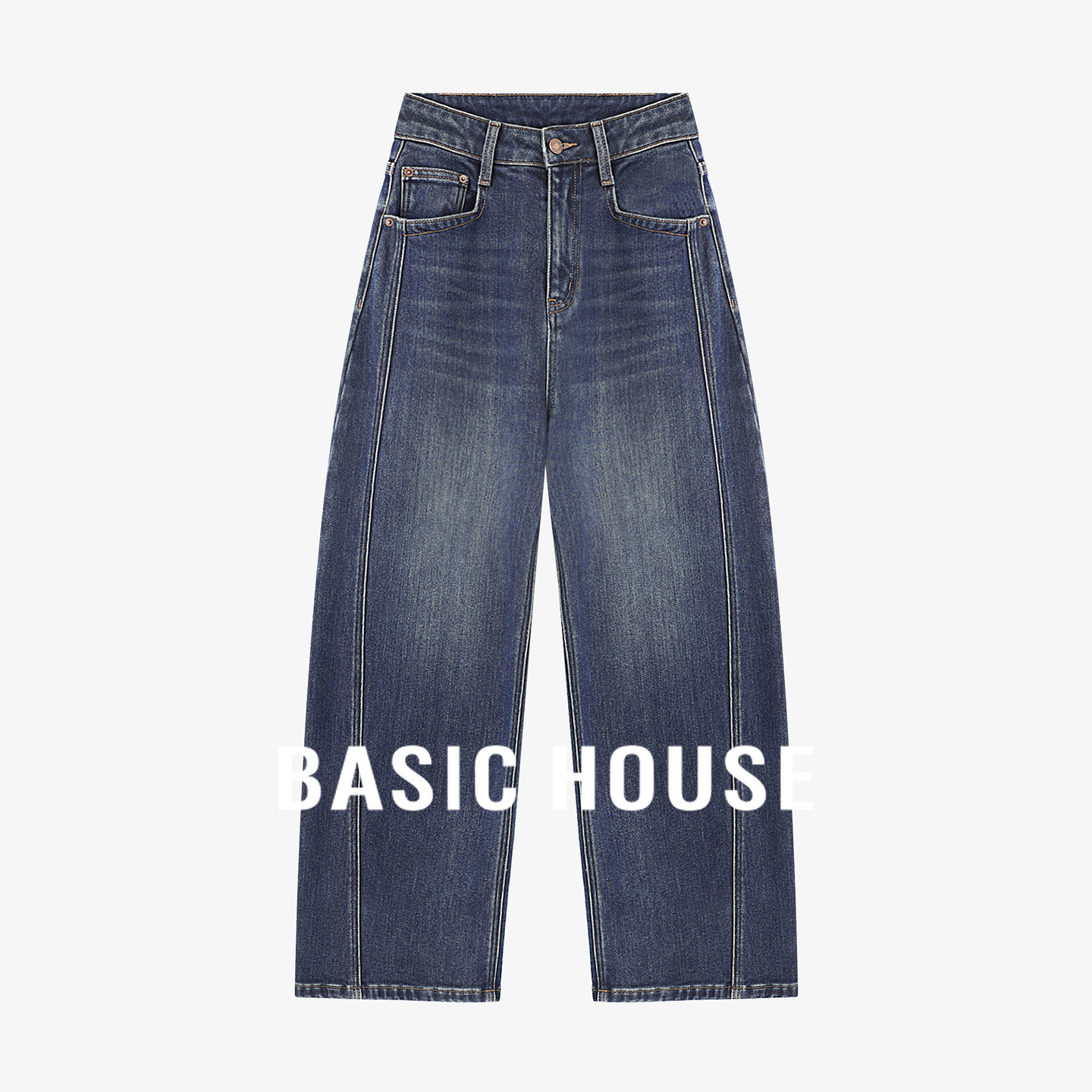 Basic House/百家好深蓝高腰阔腿牛仔裤女冬季明线设计复古风长裤