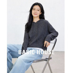 Basic House/百家好连帽针织羊毛衫女软糯宽松慵懒风短款套头毛衣