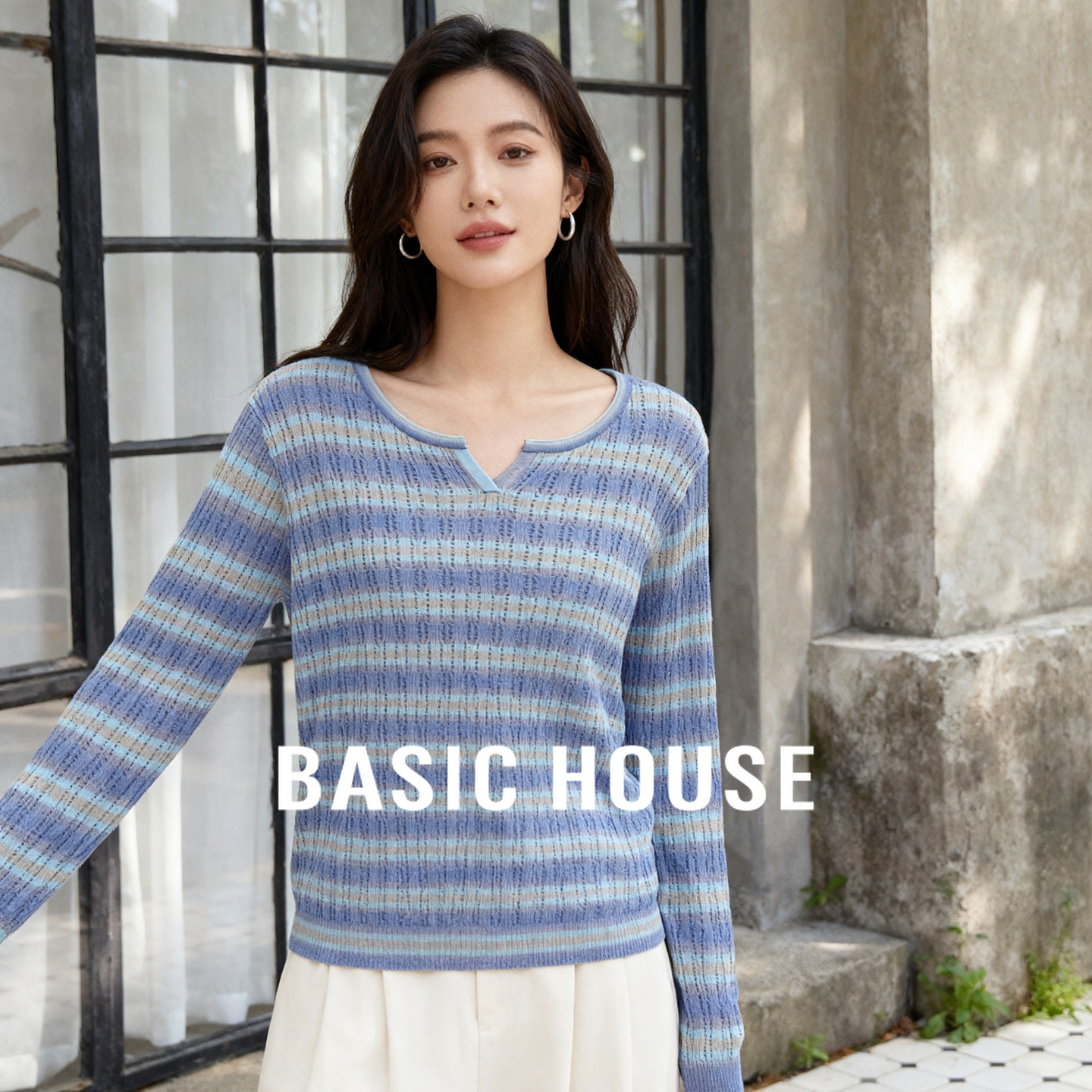 Basic House/百家好彩条针织衫女25秋款小V领镂空温柔风显瘦上衣