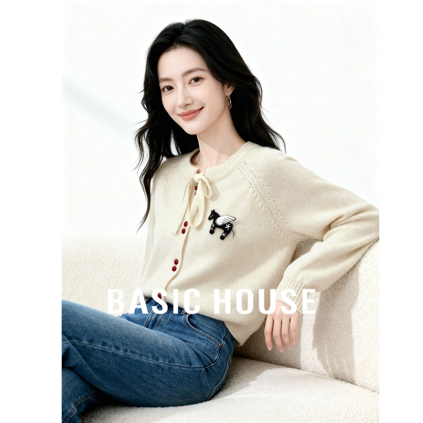 百家好米白开衫毛衣女秋冬2025新款高级感针织圆领单排扣显瘦外套