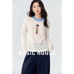 女春撞色宽松软糯慵懒套头上衣 百家好卡通刺绣针织衫 Basic House