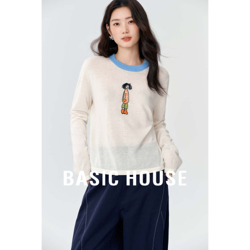 百家好女撞色卡通刺绣针织衫