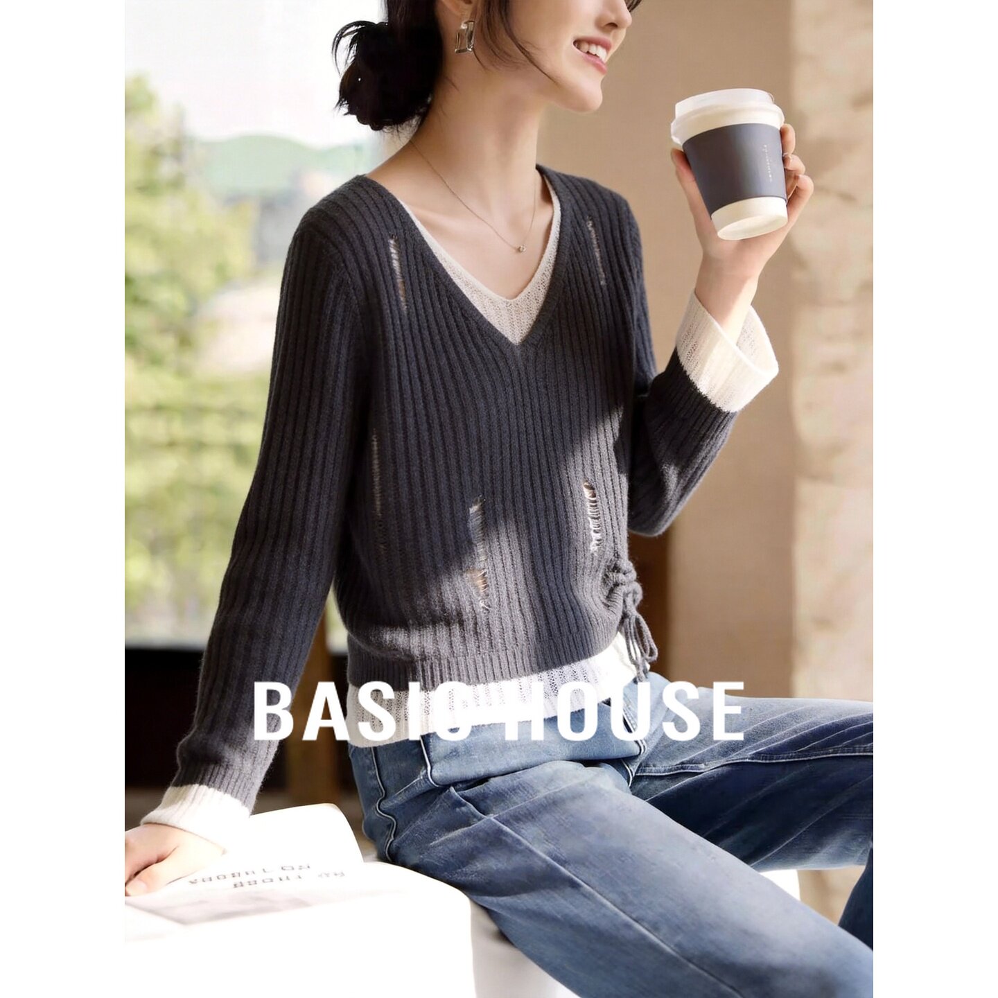 Basic House百家好V领薄款罩衫上衣女春夏温柔风假两件抽绳针织衫