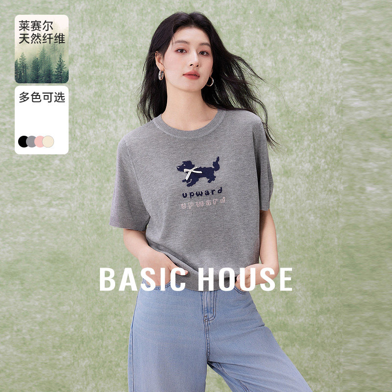 Basic House/百家好莱赛尔亚麻小狗针织衫夏新款T恤短袖上衣