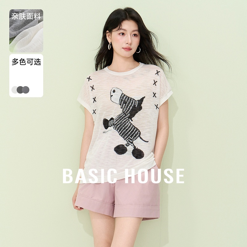 Basic House/百家好冰丝薄款刺绣小衫减龄卡通针织上衣夏季新款女