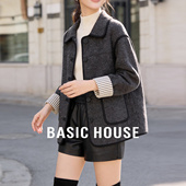 Basic House 百家好深灰色翻领仿皮毛一体外套撞色条纹宽松大衣女
