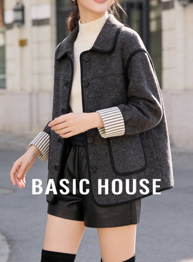 Basic House/百家好深灰色翻领仿皮毛一体外套撞色条纹宽松大衣女