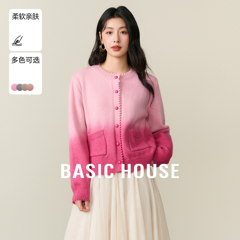 Basic House/百家好韩版渐变撞色毛衣25秋季慵懒风圆领开衫外套女