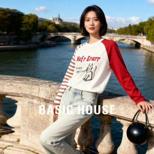 针织衫 Basic 长袖 百家好撞色拼接条纹猫咪印花设计秋冬新款 House