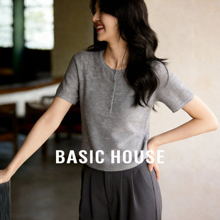 新款 女2026春季 透气简约通勤休闲上衣 针织衫 百家好灰色亨利领短袖