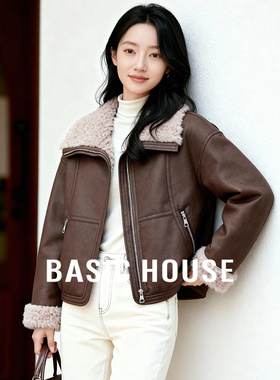 Basic House/百家好复古风翻领保暖外套女冬小个子高级感皮毛一体