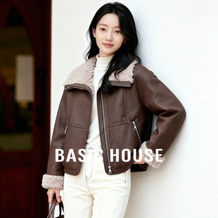 Basic House/百家好复古风翻领保暖外套女冬小个子高级感皮毛一体