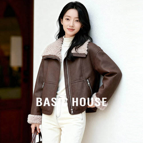 Basic House/百家好复古风翻领保暖外套女冬小个子高级感皮毛一体