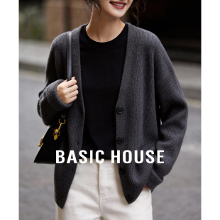 Basic House/百家好V领针织开衫女2026春季经典简约大气罗纹上衣