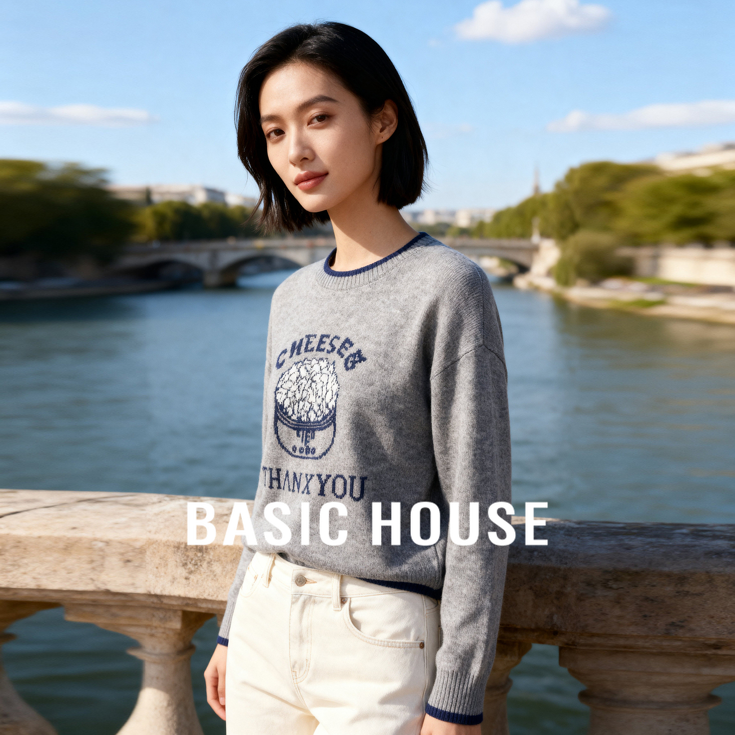Basic House/百家好美式复古风字母刺绣毛衣撞色圆领套头宽松上衣