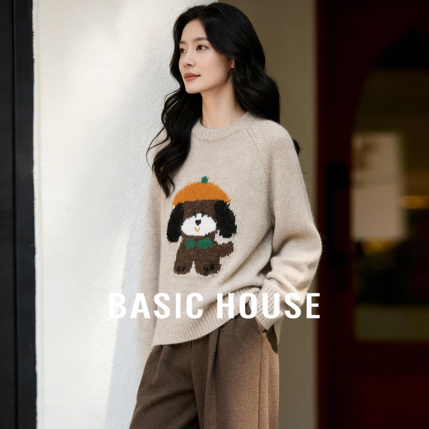 Basic House/百家好小狗提花套头针织毛衣女冬休闲风宽松圆领上衣