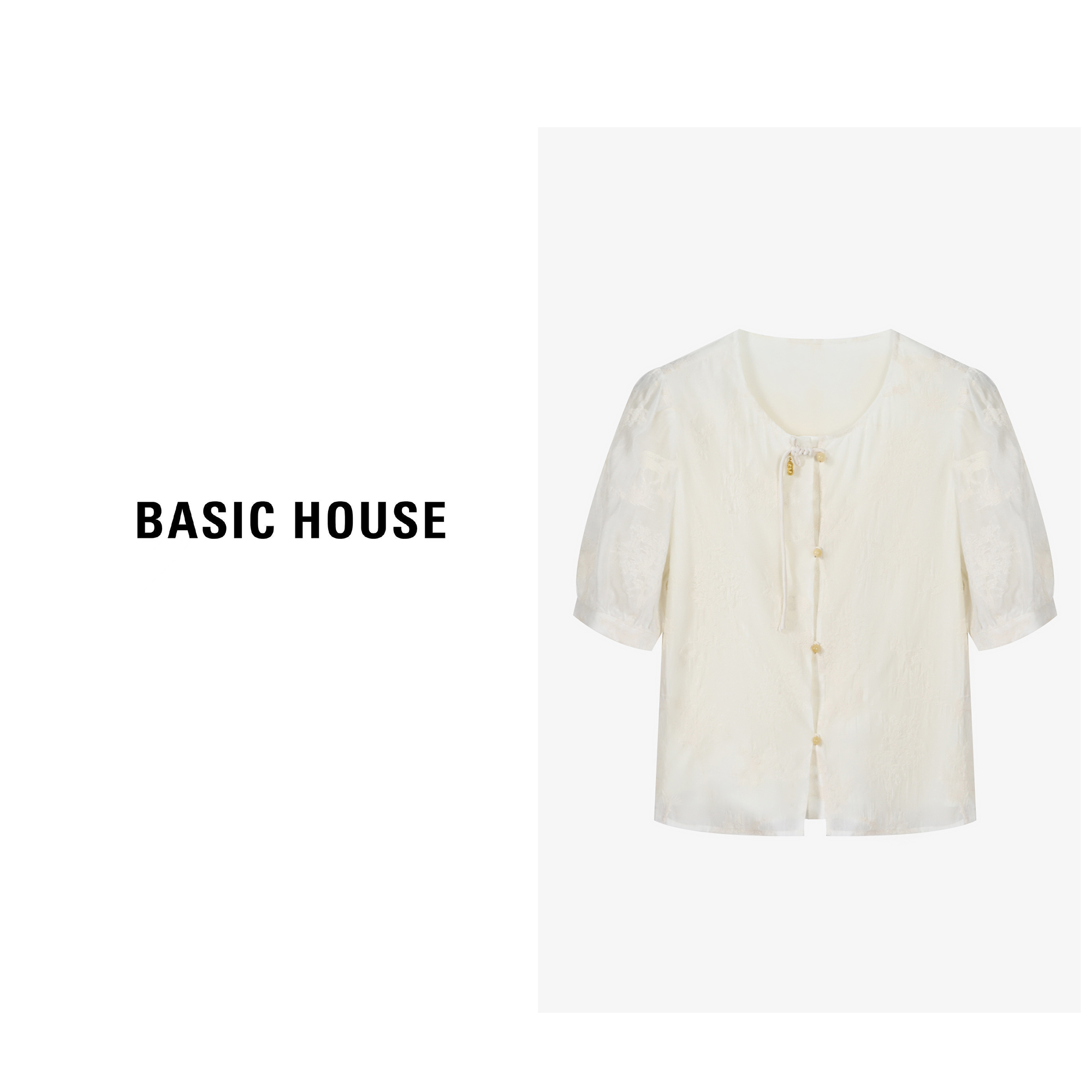 Basic House/百家好新中式提花刺绣衬衫女款夏季国风盘扣短袖上衣