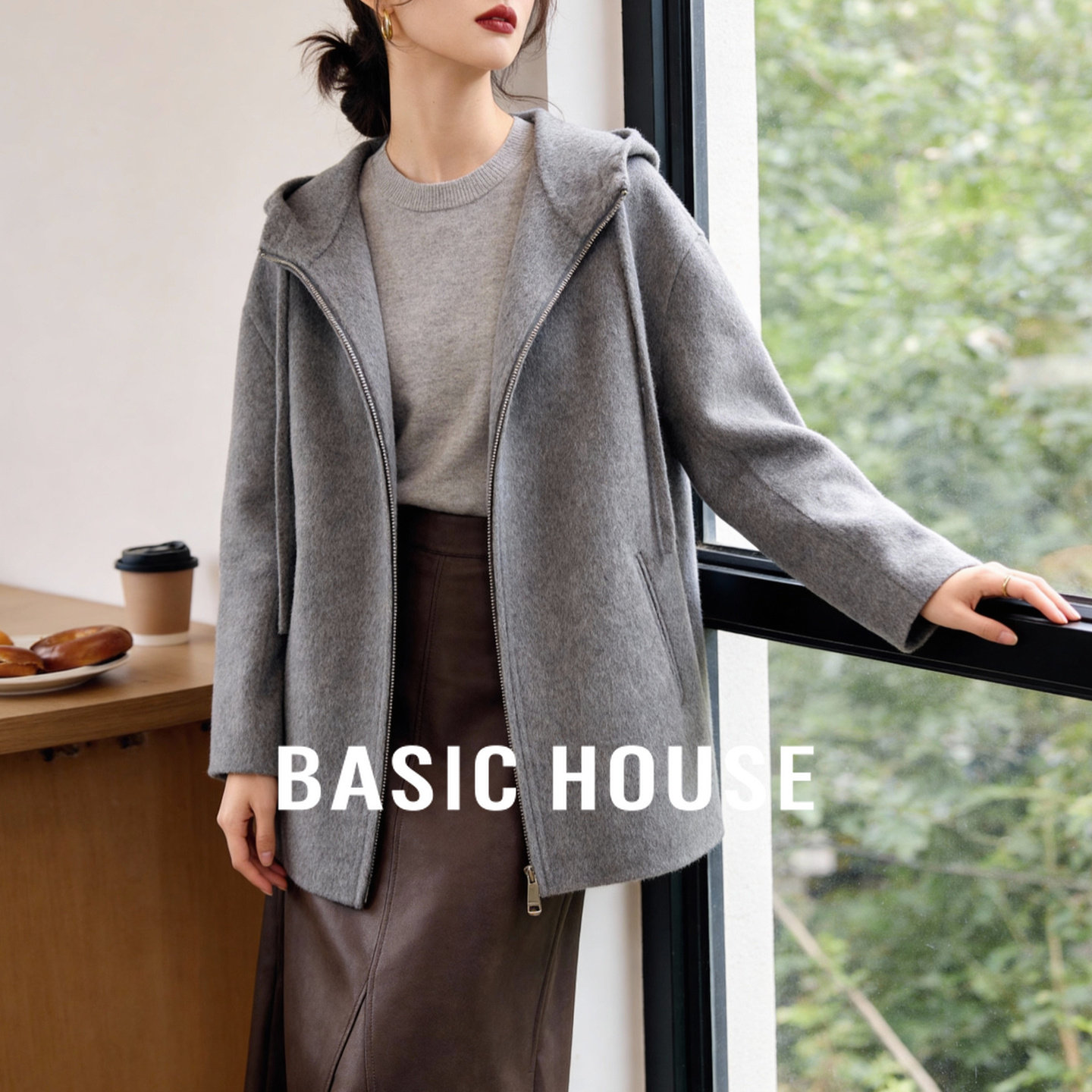 Basic House/百家好连帽拉链双面呢大衣2025冬季新款灰色羊毛外套