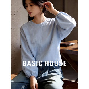 新款 Basic 春季 百家好纯色圆领竖坑条衬衫 系带内搭叠穿衬衣 House