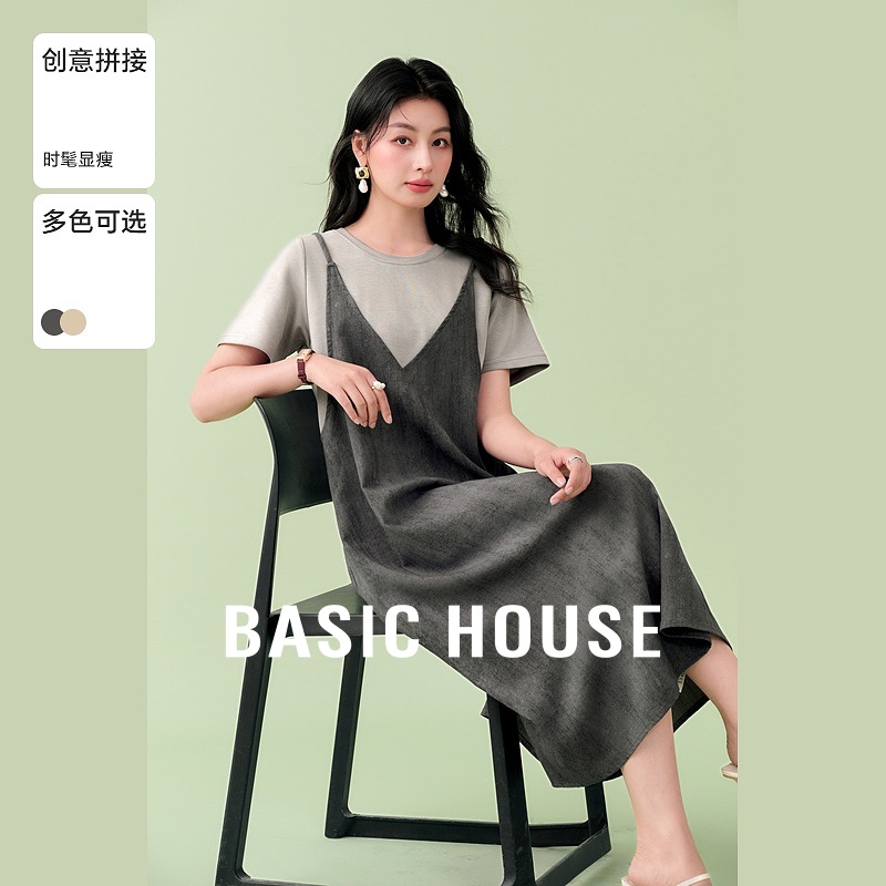 Basic House/百家好撞色拼接假两件连衣裙夏季新款气质圆领中长裙