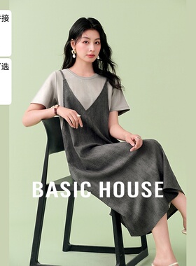 Basic House/百家好撞色拼接假两件连衣裙夏季新款气质圆领中长裙